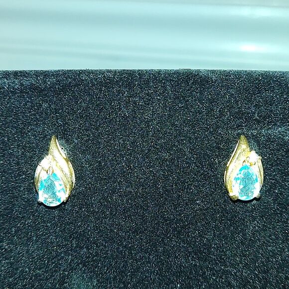 Gold Clear and Blue Rhinestone Earrings - Picture 2 of 6